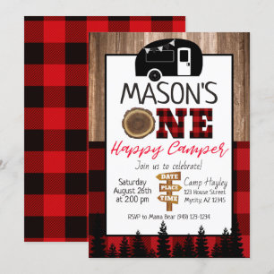 Plaid red and black One Happy Camper Boys Camping Invitation