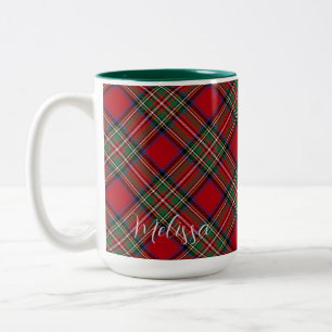 Plaid Red and Green Rustic Script Tartan Two-Tone Coffee Mug