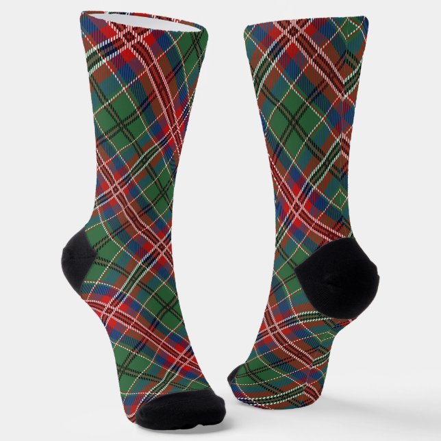 Plaid Red Checkered Rustic Traditional Tartan Socks (Angled)