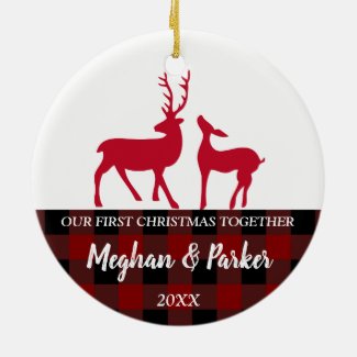 Plaid red checks deers First Christmas together Ceramic Ornament
