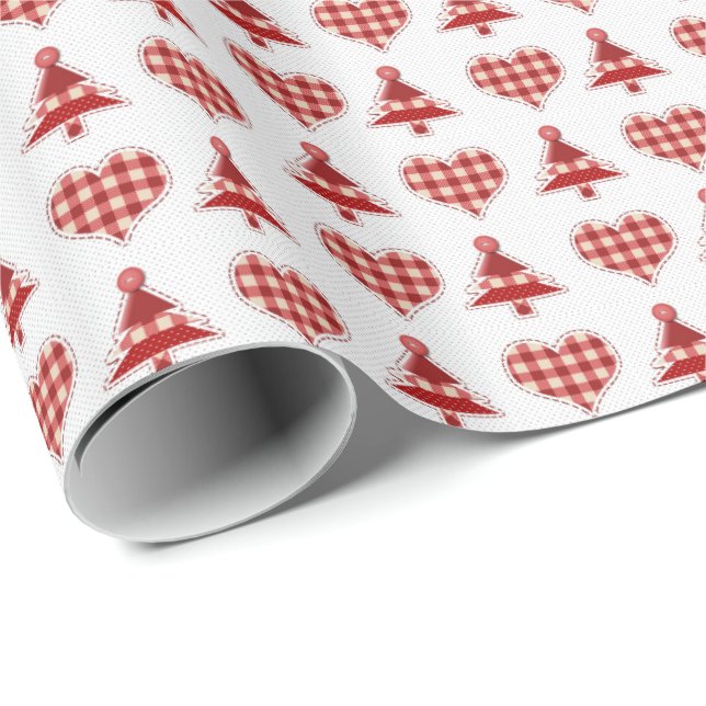Plaid Red Christmas Trees and Hearts Pattern Wrapping Paper (Roll Corner)