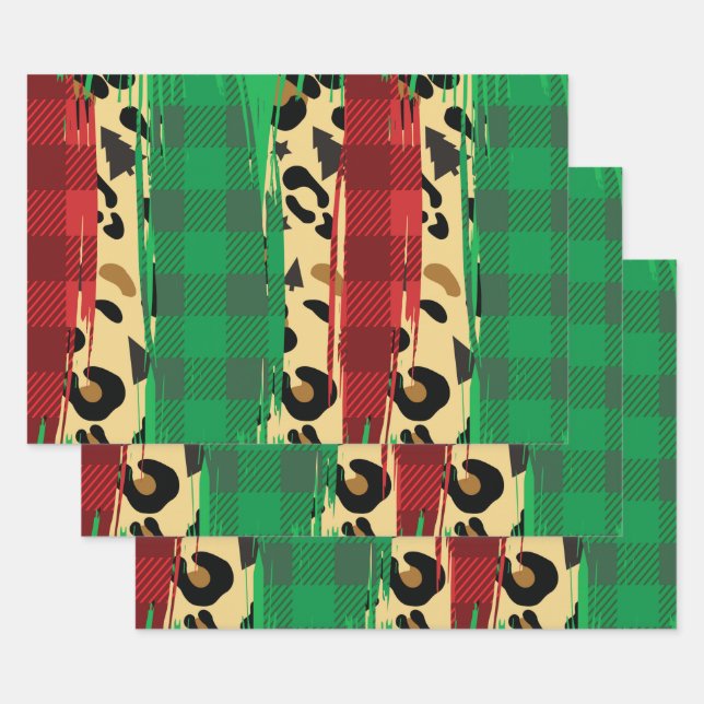 Plaid Red & Green Leopard Print Christmas  Wrapping Paper Sheet (Set)