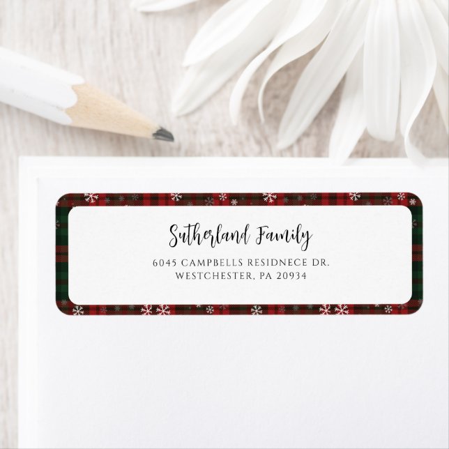 Plaid Red Green Script Snowflakes Return Address (Insitu)