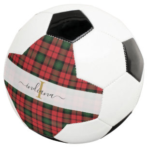 Plaid Red Green Tartan Monogram Script Name Soccer Ball