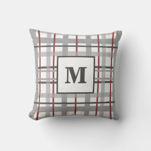 Plaid Red Grey Silver Monogram Throw Pillow