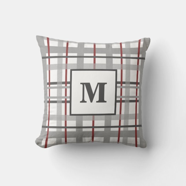 Plaid Red Grey Silver Monogram Throw Pillow (Front)