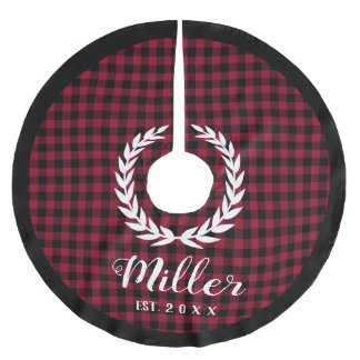 Plaid Red Holiday Name + Year Christmas Brushed Polyester Tree Skirt