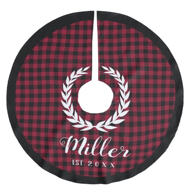 Plaid Red Holiday Name + Year Christmas Brushed Polyester Tree Skirt (Front)
