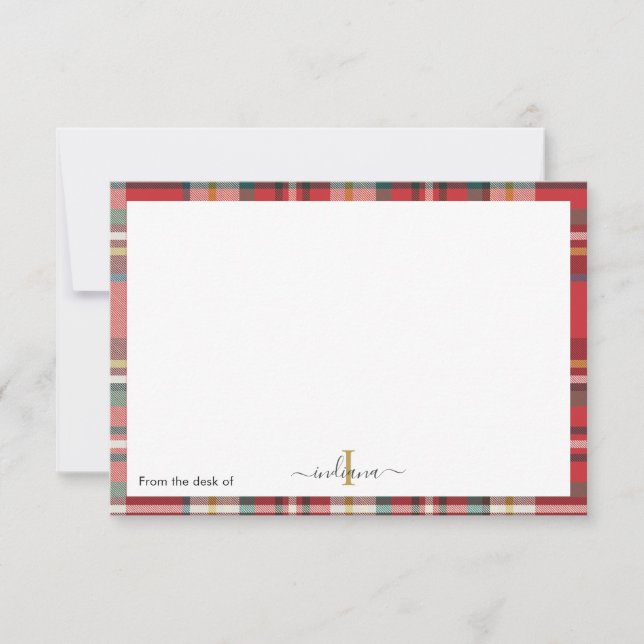Plaid Red Monogram Script Rustic Name Thank You Card (Front)