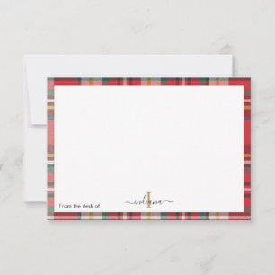 Plaid Red Monogram Script Rustic Name Thank You Card