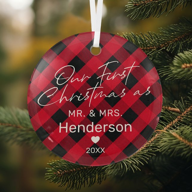 Plaid Red Mr & Mrs First Christmas Glass Ornament (Creator Uploaded)