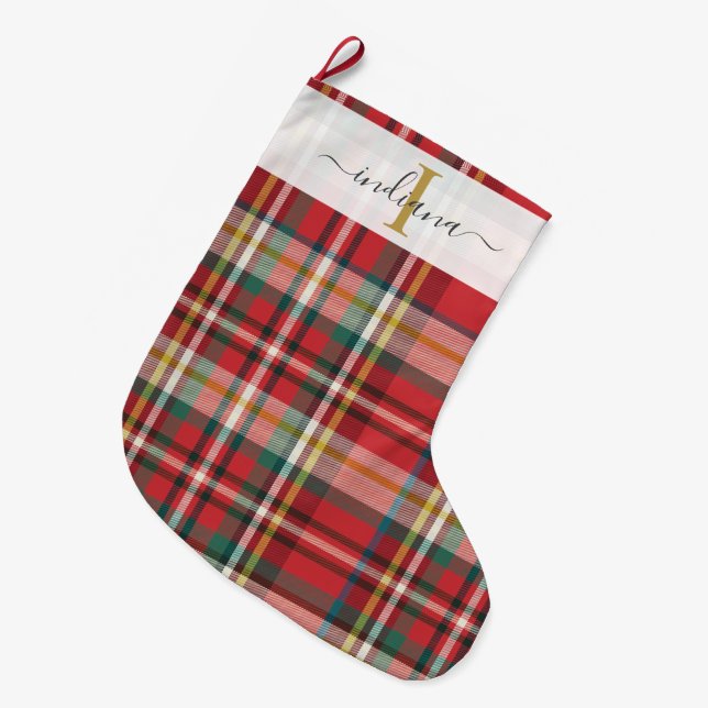 Plaid Red Pattern Monogram Christmas Holidays  Large Christmas Stocking (Front (Hanging))