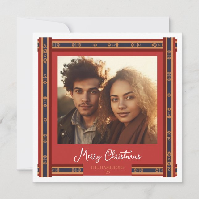 Plaid Red Ribbon Border Christmas Card (Front)