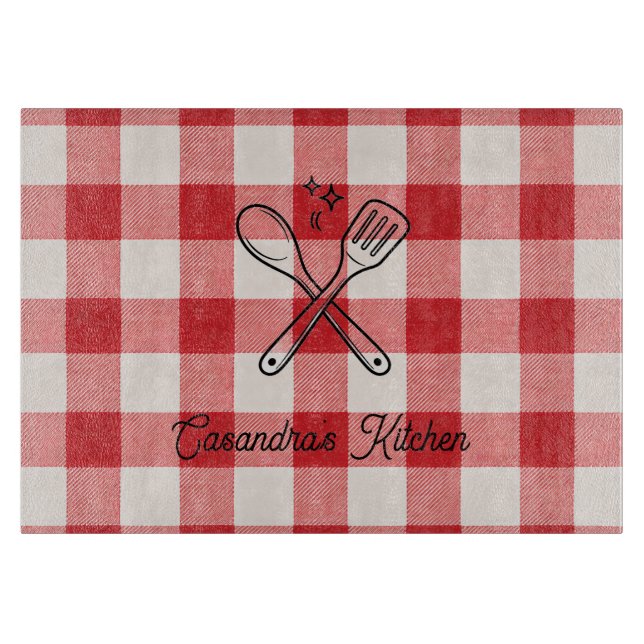 Plaid Red & White Custom Name Gift Cutting Board (Front)