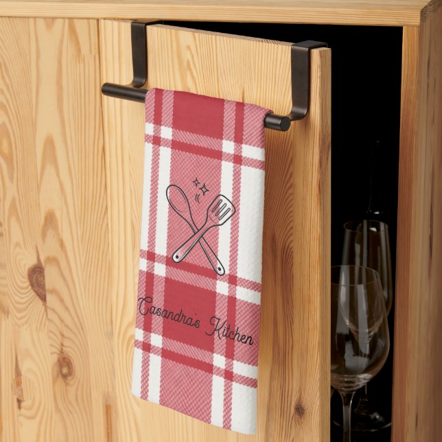 Plaid Red & White Custom Name Gift Kitchen Towel (Thirds Fold)
