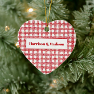 Plaid red white lace farmhouse pattern custom name ceramic ornament