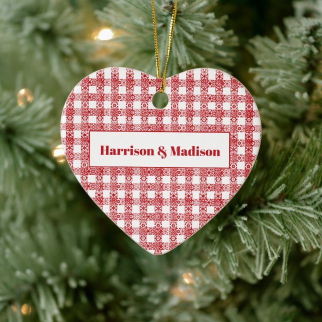 Plaid red white lace farmhouse pattern custom name ceramic ornament (Tree)