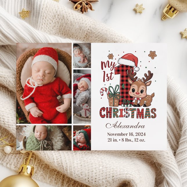 Plaid Reindeer 5 Photo  First Christmas Holiday Card (Creator Uploaded)