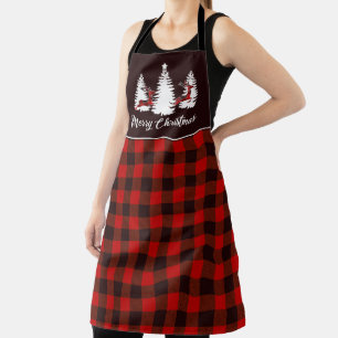 Plaid Reindeer and Pine Trees Christmas Scene Apron