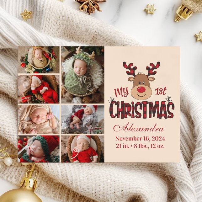 Plaid Reindeer Baby First Christmas 7 Photo  Holiday Card (Creator Uploaded)