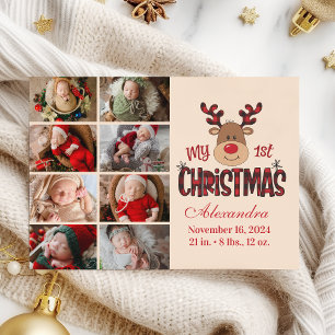 Plaid Reindeer Baby First Christmas 8 Photo  Holiday Card