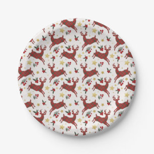 Plaid Reindeer Christmas Party Paper Plates