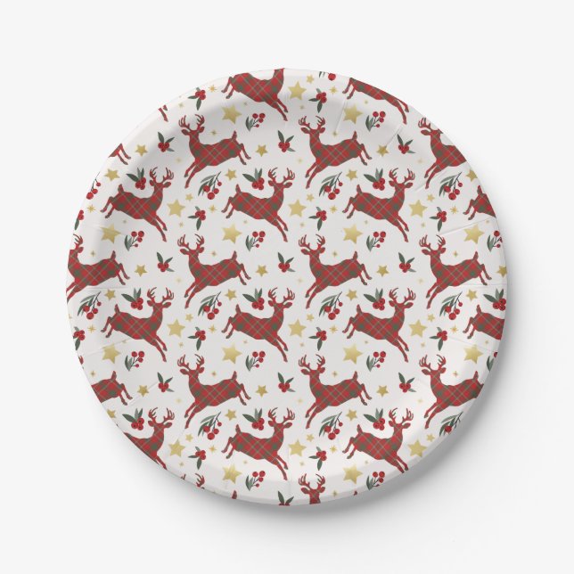 Plaid Reindeer Christmas Party Paper Plates (Front)