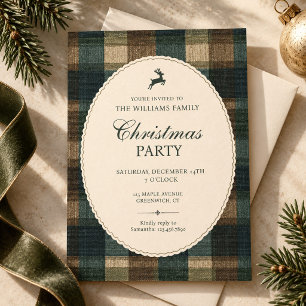 Plaid Reindeer Christmas Party Scalloped Frame Invitation
