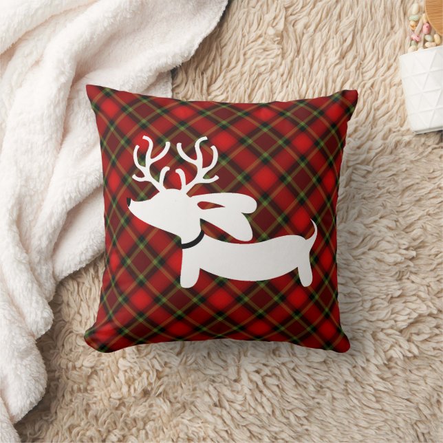 Plaid Reindeer Dachshund Throw Pillow (Blanket)