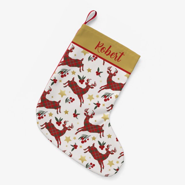 Plaid Reindeer Personalized Christmas Stocking (Front (Hanging))