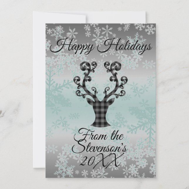 Plaid Reindeer Snowflakes Christmas Personalized  Holiday Card (Front)
