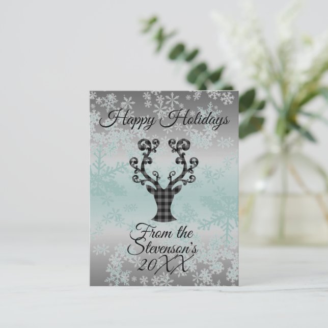 Plaid Reindeer Snowflakes Christmas Personalized  Holiday Postcard (Standing Front)