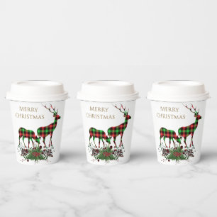 Plaid Reindeers Merry Christmas & Greenery Paper Cups