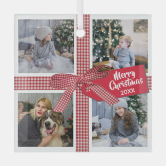Plaid Ribbon and Bow 4 Photo Collage Christmas Glass Ornament