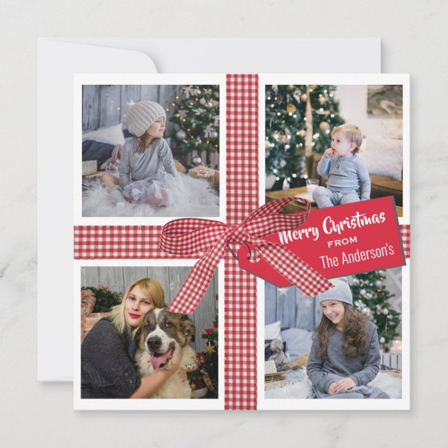 Plaid Ribbon and Bow 4 Photo Collage Christmas Hol Holiday Card (Front)