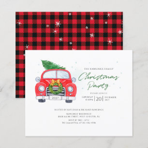 Plaid Rustic Car Christmas Party Invitation
