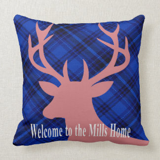 Plaid Rustic Deer Head Silhouette | mauve blue Throw Pillow