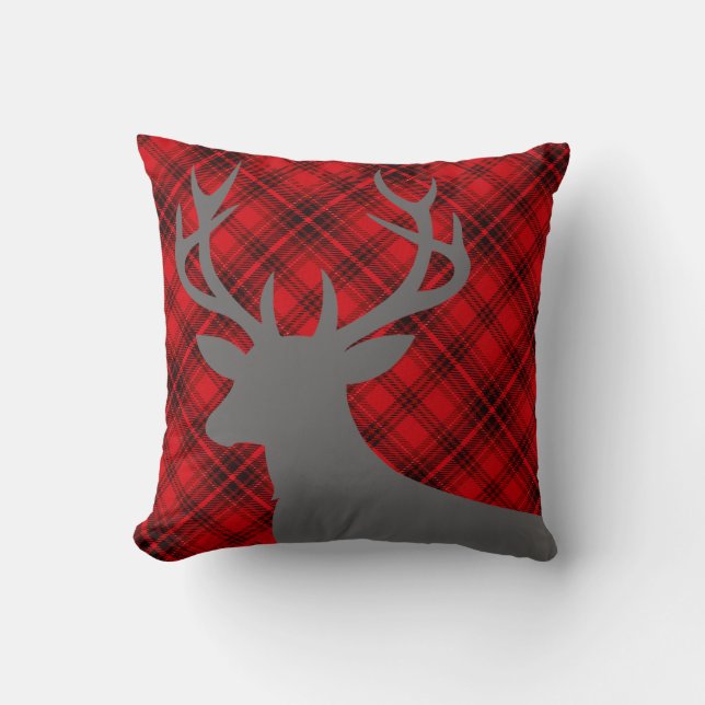 Plaid Rustic Deer Head Silhouette | red Throw Pillow (Front)