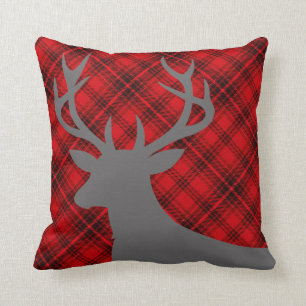 Plaid Rustic Deer Head Silhouette   red Throw Pillow