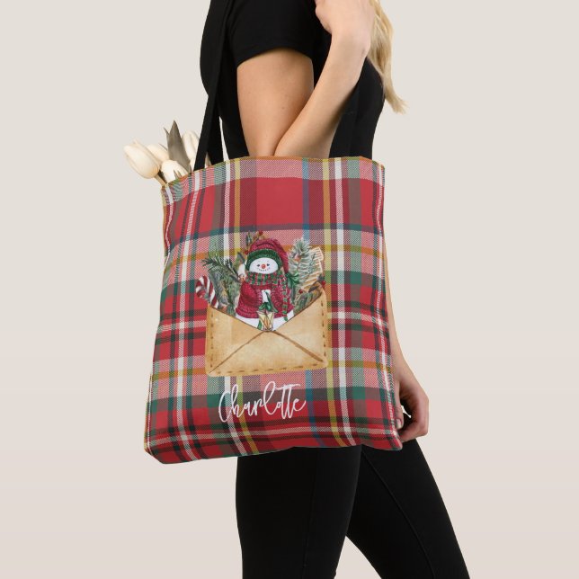 Plaid Rustic Holidays Personalized Cute Tote Bag (Close Up)