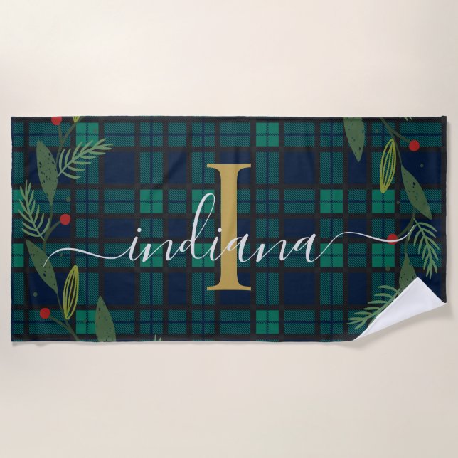 Plaid Rustic Monogram Script Wreath Tartan Beach Towel (Front)