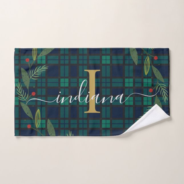 Plaid Rustic Monogram Script Wreath Tartan Hand Towel (Hand Towel)