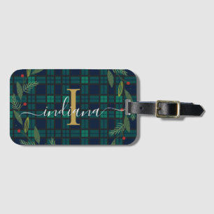 Plaid Rustic Monogram Script Wreath Tartan Luggage Tag