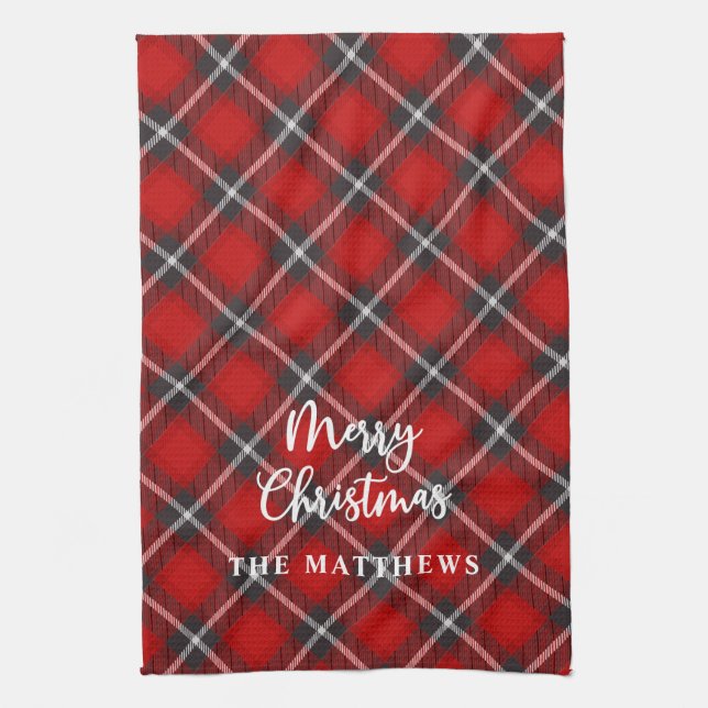 Plaid Rustic Red Black Merry Christmas Kitchen Towel (Vertical)