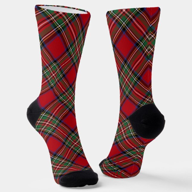 Plaid Rustic Red Green Stewart Tartan Socks (Angled)