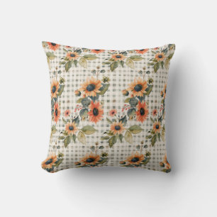 Plaid Sage Green and Sunflowers Pattern Throw Pillow