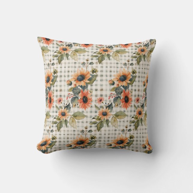 Plaid Sage Green and Sunflowers Pattern Throw Pillow (Front)