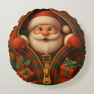 Plaid Santa Claus Christmas Design Round Pillow