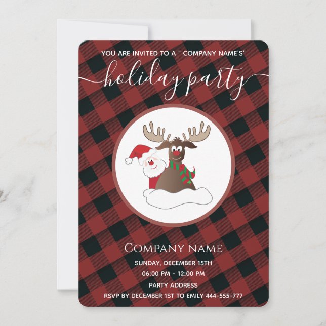 Plaid Santa reindeer  holiday party corporate Invitation (Front)