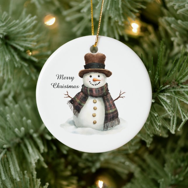 Plaid Scarf Snowman Christmas Ceramic Ornament (Tree)